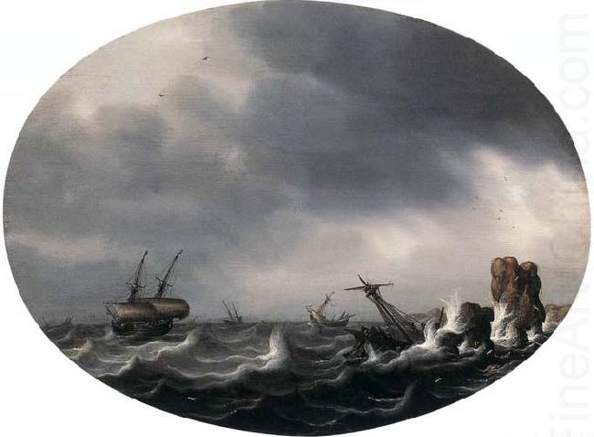 Stormy Sea - Oil on wood, VLIEGER, Simon de